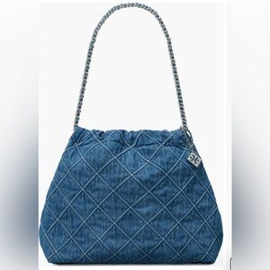 Tory Burch Fleming Soft Quilted Denim Hobo Bag